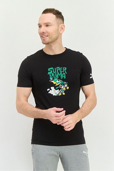Puma Men Round Neck Short Sleeve Graphic Tee Printed T-Shirt, Black