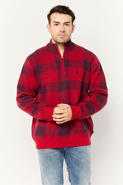Nautica Men Mock Neck Long Sleeves Plaid Sweater, Navy/red
