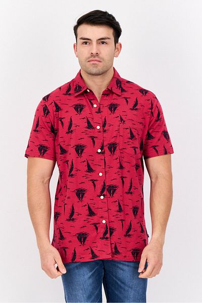 Nautica Men Regular Fit Allover Print Short Sleeve Casual Shirt, Red/black