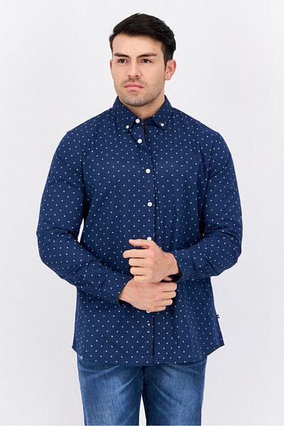 Nautica قميص رجالي كاجوال بأكمام طويلة وطبعات كاملة بقصّة Slim Fit، أزرق داكن