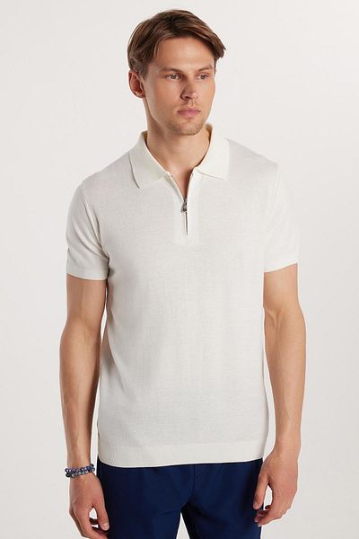 Tudors Ανδρικό Slim Fit Στενό Κόψιμο Μάλλινο Πλεκτό Ζακέτα Με Φερμουάρ Λευκό Πόλο ΓιαΚυρίως T-Shirt