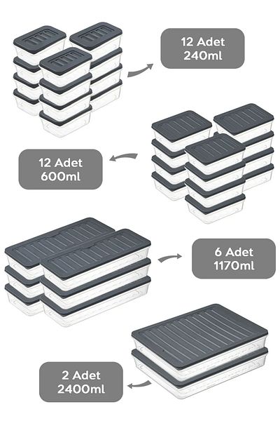 SAVLAR 32 Pieces Storage Container Suitable for Microwave and Diffraction - 2X2400Ml 6X1170Ml 12X600Ml 12X240Ml Anthracite
