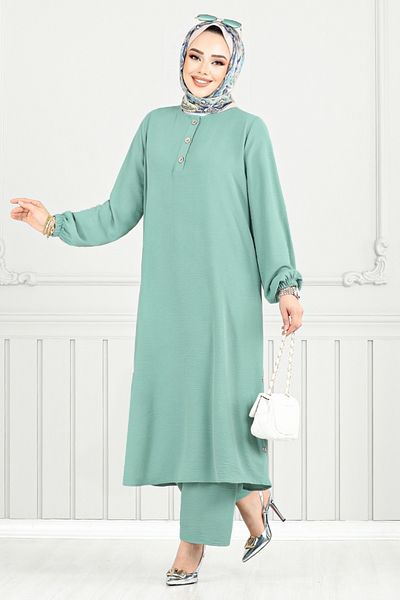 ModaMerve Half Button Hijab Suit 015Mr1077-M Light Mint