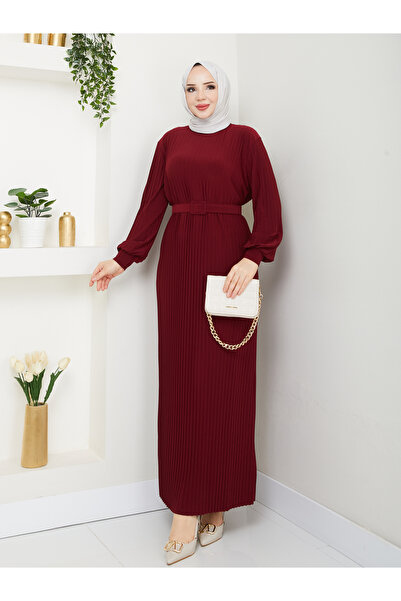 ECK MODA Kadın Pliseli Kemerli Sandy Kumaş Full Likralı Esnek Elbise