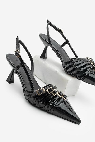 Marjin Anore-Schuhe aus schwarzem Lackleder mit Stiletto-Absatz für Damen, spitzer Zehenpartie und Gürteldetails mit offenem Rücken
