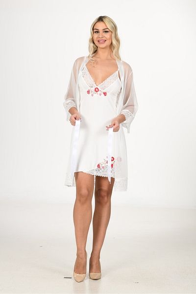 Miss Dünya Lissa Lace Dressing Gown Embroidery Detailed Strappy Nightgown Set