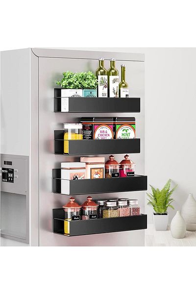 COOYA 4 Pack Moveable Fridge Magnetic Spice Racks,With Hooks,for Refrigerator and Oven,Metal Black