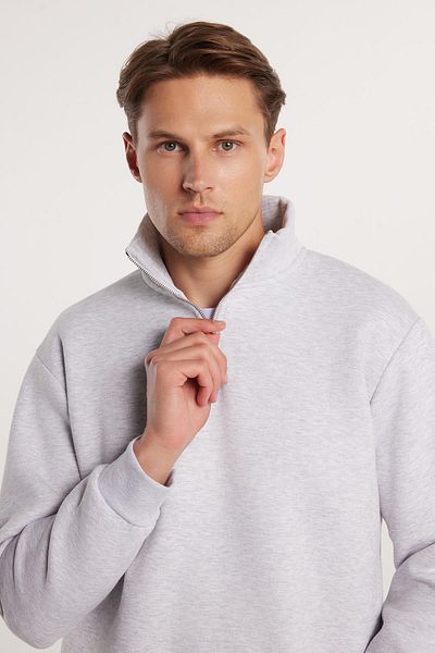 Tudors Φούτερ Unisex Relax Fit Relaxed Cut Cotton Fleece με μισό φερμουάρ γκρι όρθιο γιακά