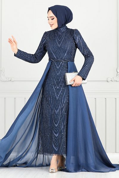 ModaMerve Λεπτομέρεια Cape Glitter Βραδινό Φόρεμα 4024YGS898-M Navy