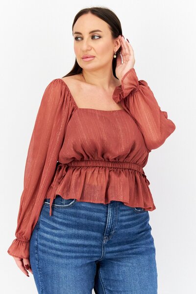 WAYF Women Plus Size Square Neck Sheer Sleeve Textured Open Back Top, Rust