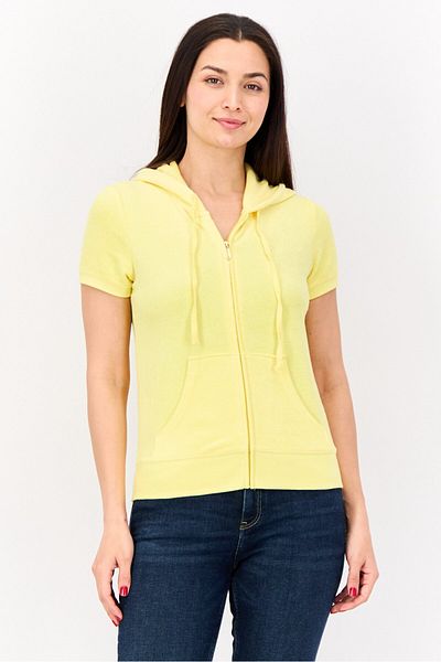 Juicy Couture Women Velour Zip Up Short Sleeve Hoodie, Yellow