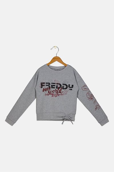FREDDY Kids Girl Crew Neck Brand Logo Sweatshirt, Grey