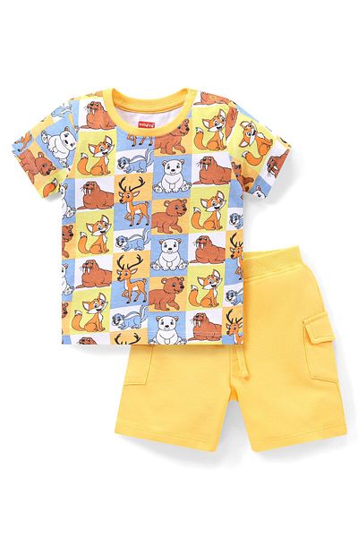Babyhug Babyhug Cotton Knit Half Sleeves Animals Printed T-Shirt & Shorts Set - Yellow