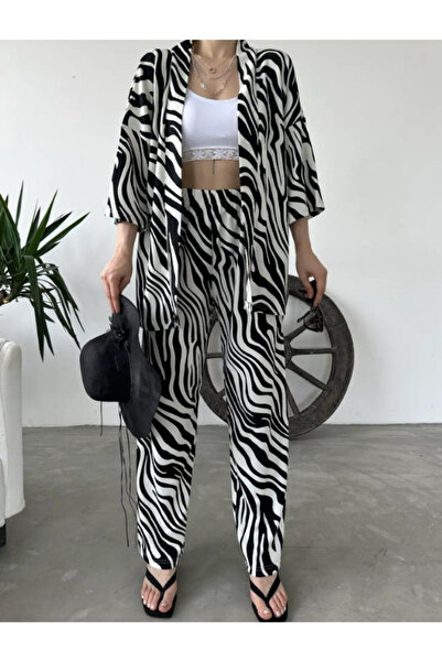 MOONBULL Kadın Zebra Desenli Kimono Takım