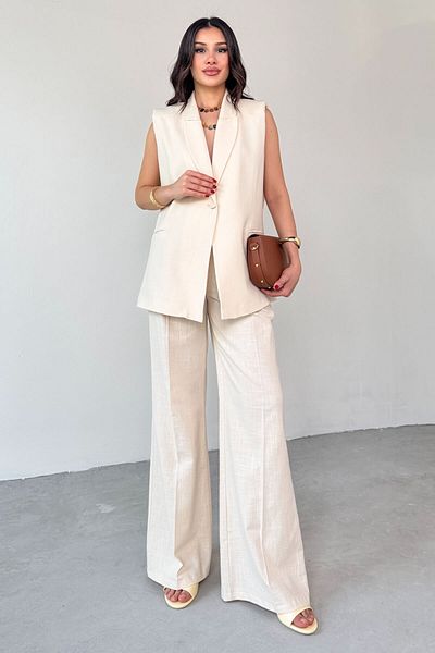 Cappmoda Tkm-13257 Stone Color Double Breasted Collar Padded Vest Back Waist Elastic Loose Trousers Two Piece Set