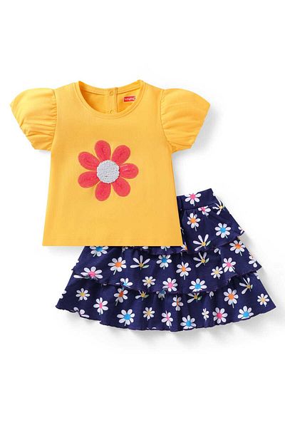 Babyhug Babyhug Single Jersey Top & Skirt with Floral Print Sequin Detailing - Yellow & Navy Blue