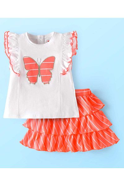 Babyhug Babyhug Single Jersey Top with Skirt & Butterfly Patch - White & Peach