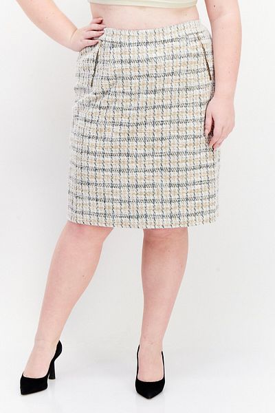 Kasper Women Plus Size Windowpane Midi Skirt, Light Beige