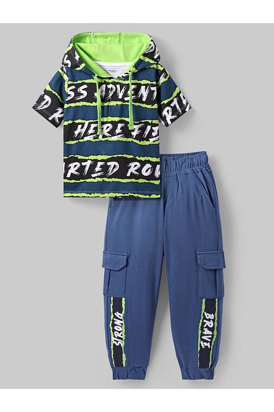 Ollington St. Ollington St. Cotton Knit Half Sleeves T-Shirt & Joggers Set Text Printed - Teal Blue