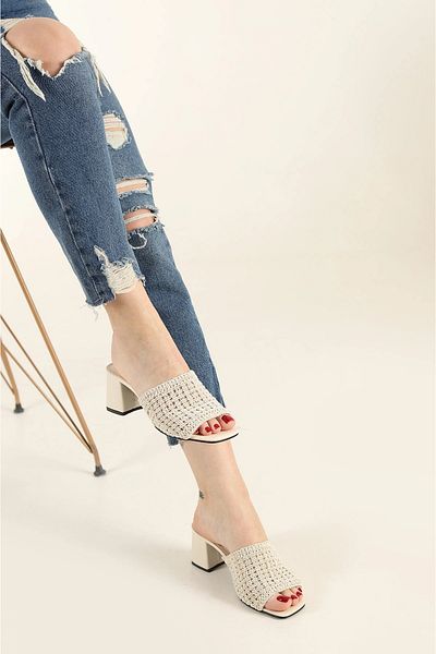 SİDELYA STİL Knitwear Embroidered Heeled Slippers