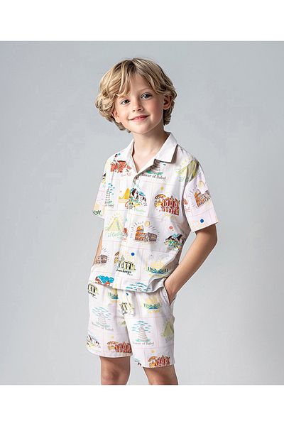 Primo Gino Primo Gino Rayon Woven Half Sleeve Oversized Resort Collar Co-ords Shirt & Short Set Seven-Off White