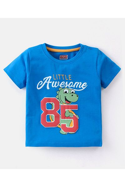 Babyhug Babyhug Single Jersey Knit Half Sleeves T-Shirt & Shorts Set with Dino & Text Print - Blue & Orange