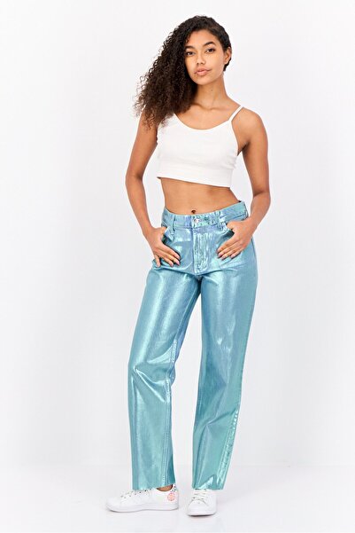 Esprit Women Straight Fit Metallic Non-Stretchable Retro Ankle Jeans, Turquoise