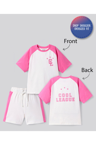 Primo Gino Primo Gino Cotton Knit Oversized Drop Shoulder T-Shirt & Short Set CL Text Co-ords Set- Pink & White