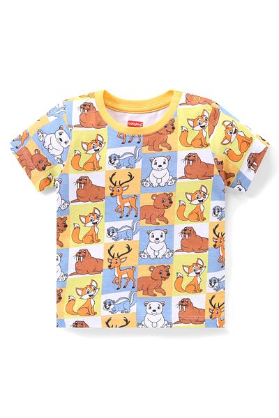Babyhug Babyhug Cotton Knit Half Sleeves Animals Printed T-Shirt & Shorts Set - Yellow
