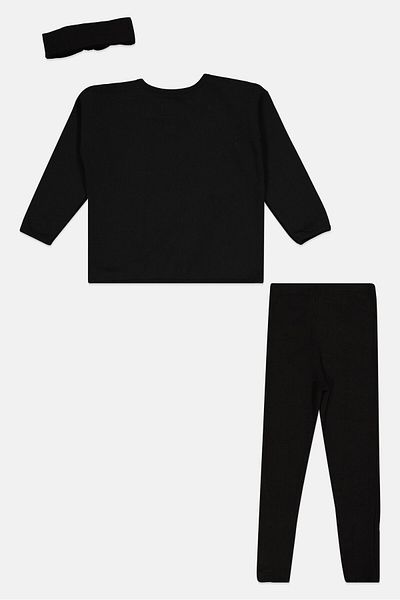 Fudo Kids Girl 3 Pcs Brand Logo Sweatshirts, Leggings And Head Band Sets, Black