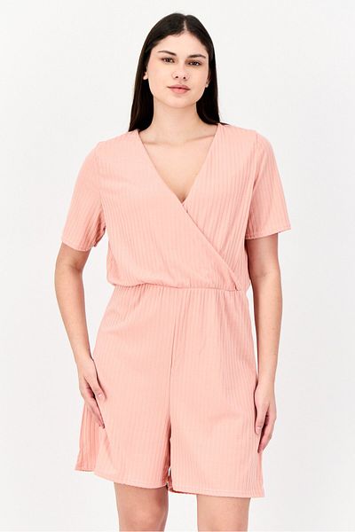 DOROTHY PERKINS Women Ribbed Short Sleeve Playsuit, Peach