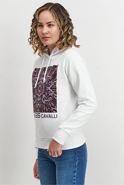 Cavalli Class Women Hooded Drawstring Textured Long Sleeve Sweatshirt, White