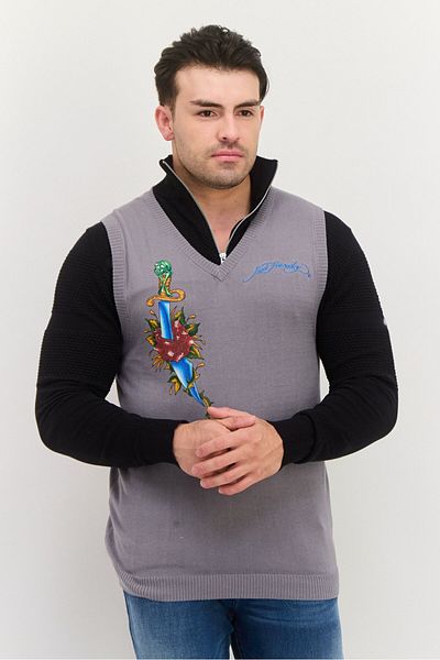 Ed Hardy Men V-neck Sleeveless Embroidered Logo Vest, Grey