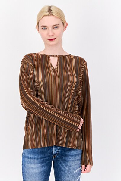 CYRUS Women Keyhole Neck Long Sleeve Yarn Dye Blouse, Multicolor