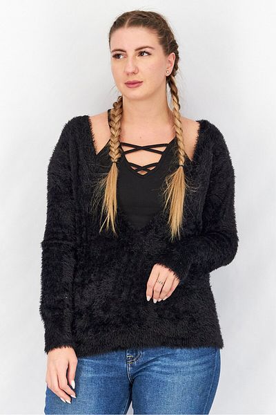 TWINSET Women Plunging Neckline Textured Sweater, Black