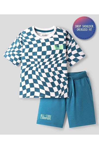 Primo Gino Primo Gino 100% Cotton Oversized All Over Printed T-Shirt & Shorts Set- White And Blue