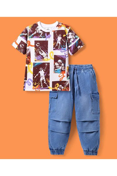 Ollington St. Ollington St. Knit Half Sleeves T-Shirt & Denim Joggers Set With Rugby Print - White & Indigo