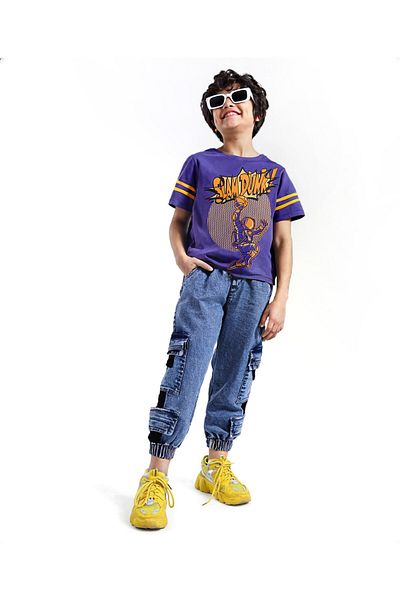 Ollington St. Ollington St. Cotton Knit Half Sleeves T-Shirt & Twill Joggers Set with Text Print - Purple & Blue