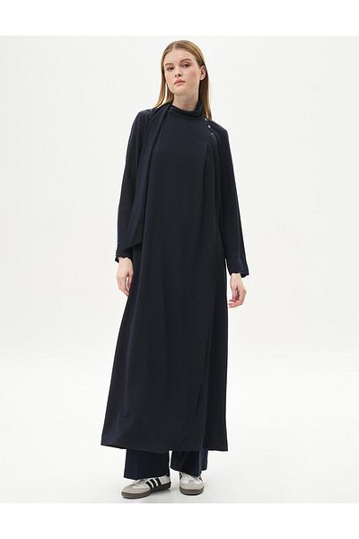 Kayra Navy Blue Embroidered Shawl Collar Clothing