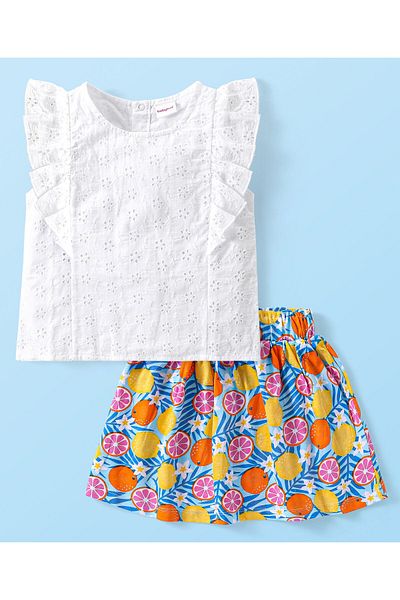 Babyhug Babyhug Frill Sleeves Schiffli Top With Tropical Printed Skirt - Multicolor