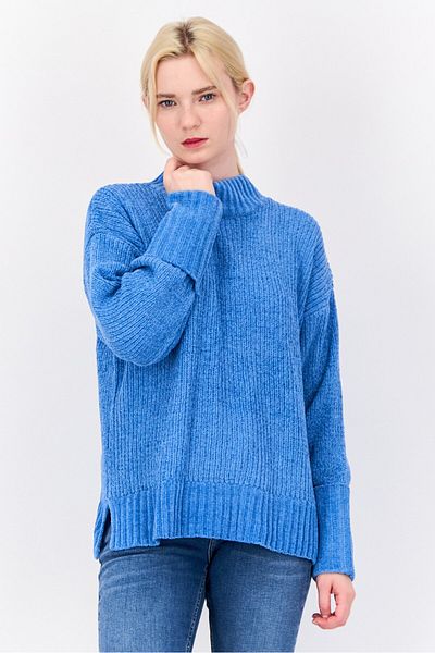 PİNK ROSE Women Mock Neck Knitted Sweater, Blue
