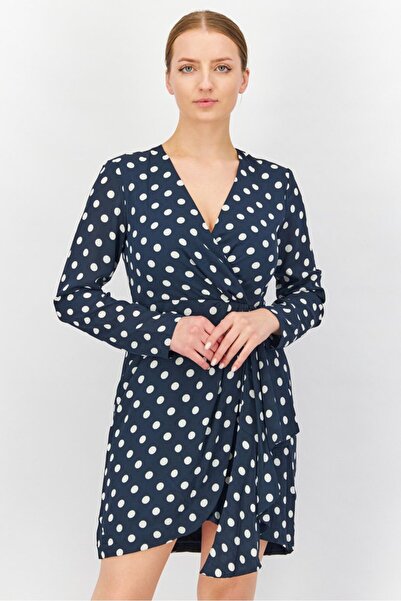 LİNİ Women Polka Dots Wrap Dress, Navy