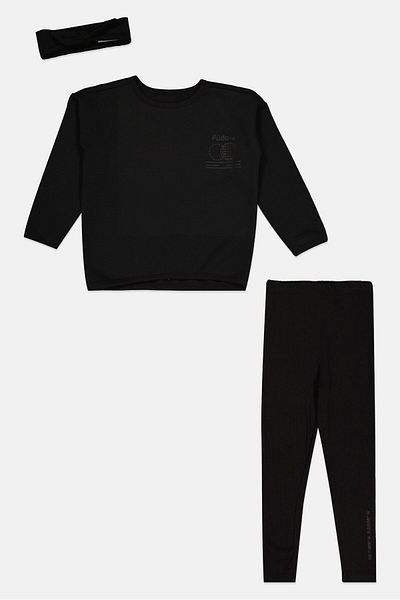 Fudo Kids Girl 3 Pcs Brand Logo Sweatshirts, Leggings And Head Band Sets, Black