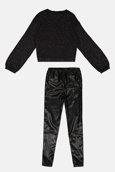 Miss Kids Girl 2 Piece Textured Long Sleeve Sweater And Pants Set, Black