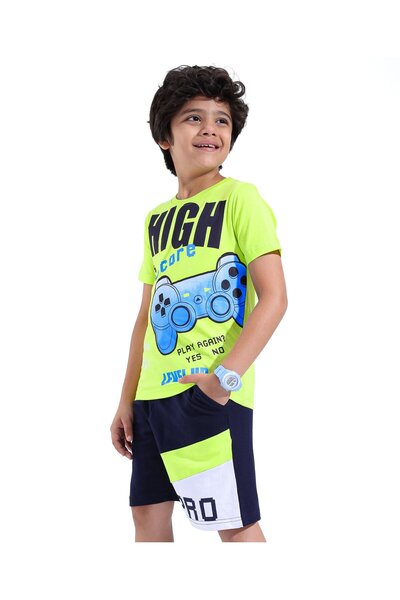 Ollington St. Ollington St. T-Shirt and Shorts Set with Gaming Print - Green & Navy Blue