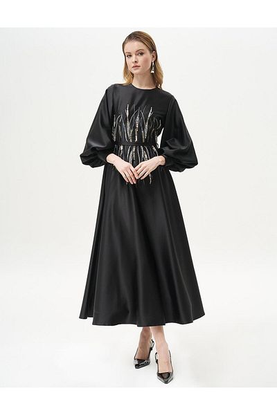 Kayra Black Satin Evening Dress - Stone Embroidered