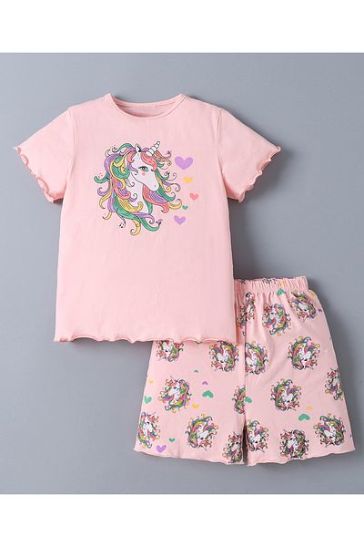 SAPS SAPS 100% Cotton Unicorn Graphic Short Sleeves T-Shirt & All Over Printed Shorts Set - Pink
