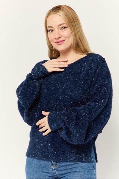 Esprit Women Boat Neck Long Sleeves Metallic Sweaters, Navy
