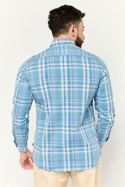 Nautica Men Classic Fit Embroidered Logo Long Sleeve Casual Shirt, Blue/white