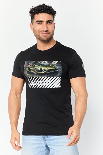 Lamborghini تي شيرت رجالي بطبعة جرافيكية بأكمام قصيرة ورقبة دائرية، أسود
